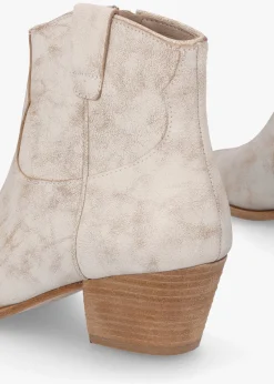 Fame Beige White Leather Western Ankle Boots