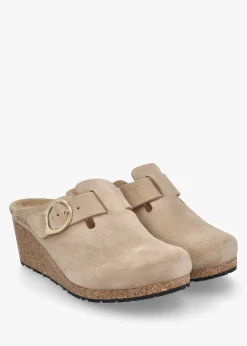 Fanny Ring Buckle Warm Sand Nubuck Wedge Mules