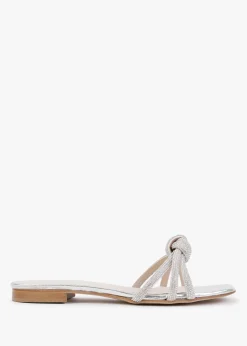Flatante Silver Leather Twisted Diamante Mules