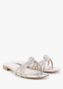 Flatante Silver Leather Twisted Diamante Mules