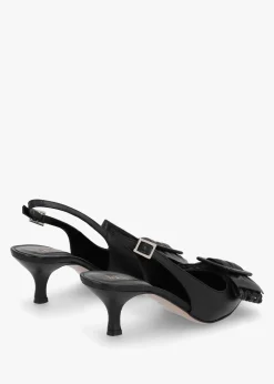 Galina Black Leather Raffia Bow Heeled Sling Backs