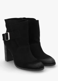 Giddy Black Suede Buckle Block Heeled Ankle Boots