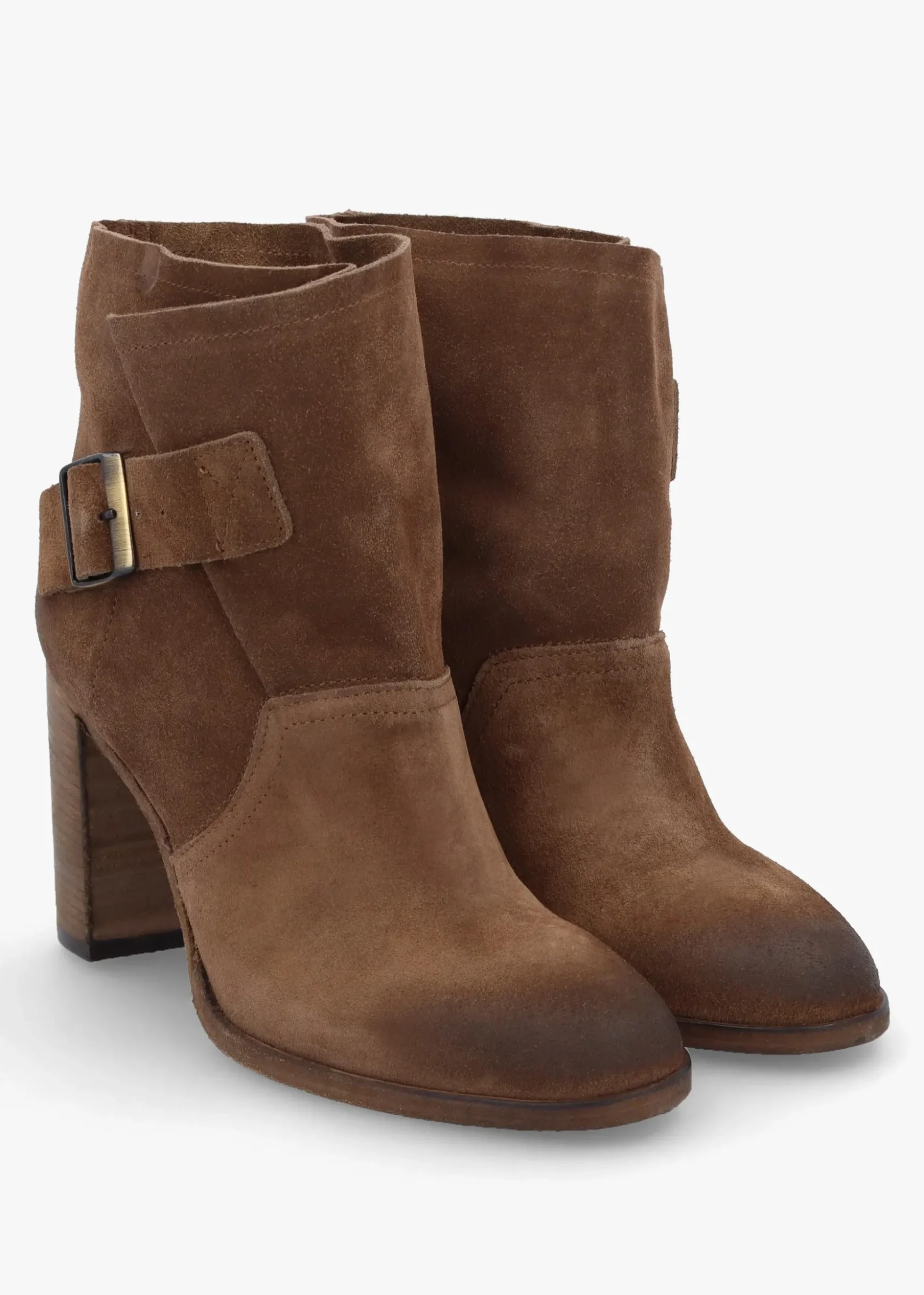 Giddy Taupe Suede Buckle Block Heeled Ankle Boots