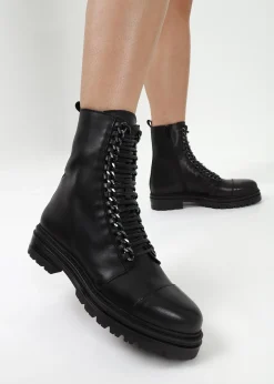 Grace Black Leather Chain Detail Ankle Boots