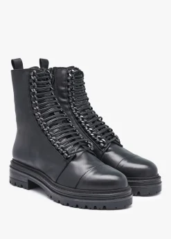Grace Black Leather Chain Detail Ankle Boots