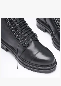 Grace Black Leather Chain Detail Ankle Boots