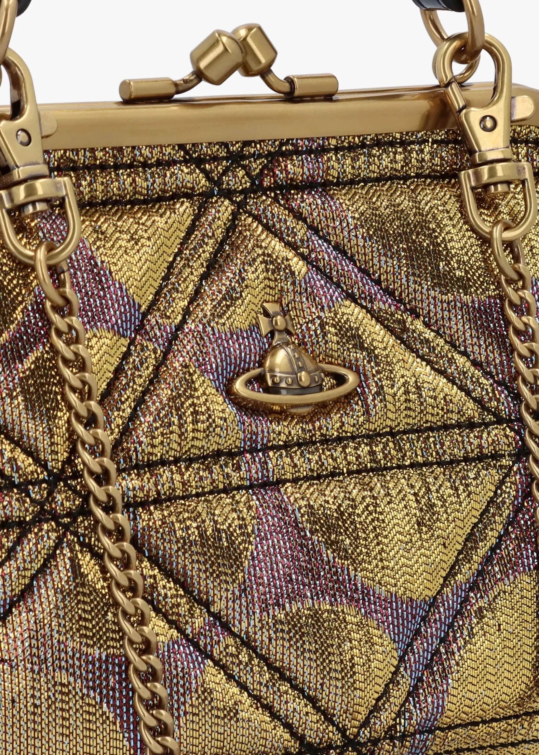 Granny Frame Gold Metallic Lurex Polka-Dot Jacquard Purse On A Chain