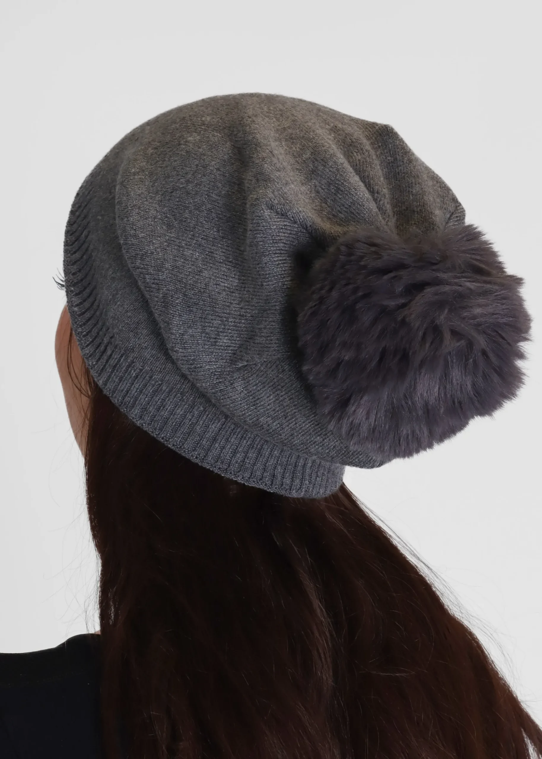 Grey Slouchy Knitted Pom Pom Hat