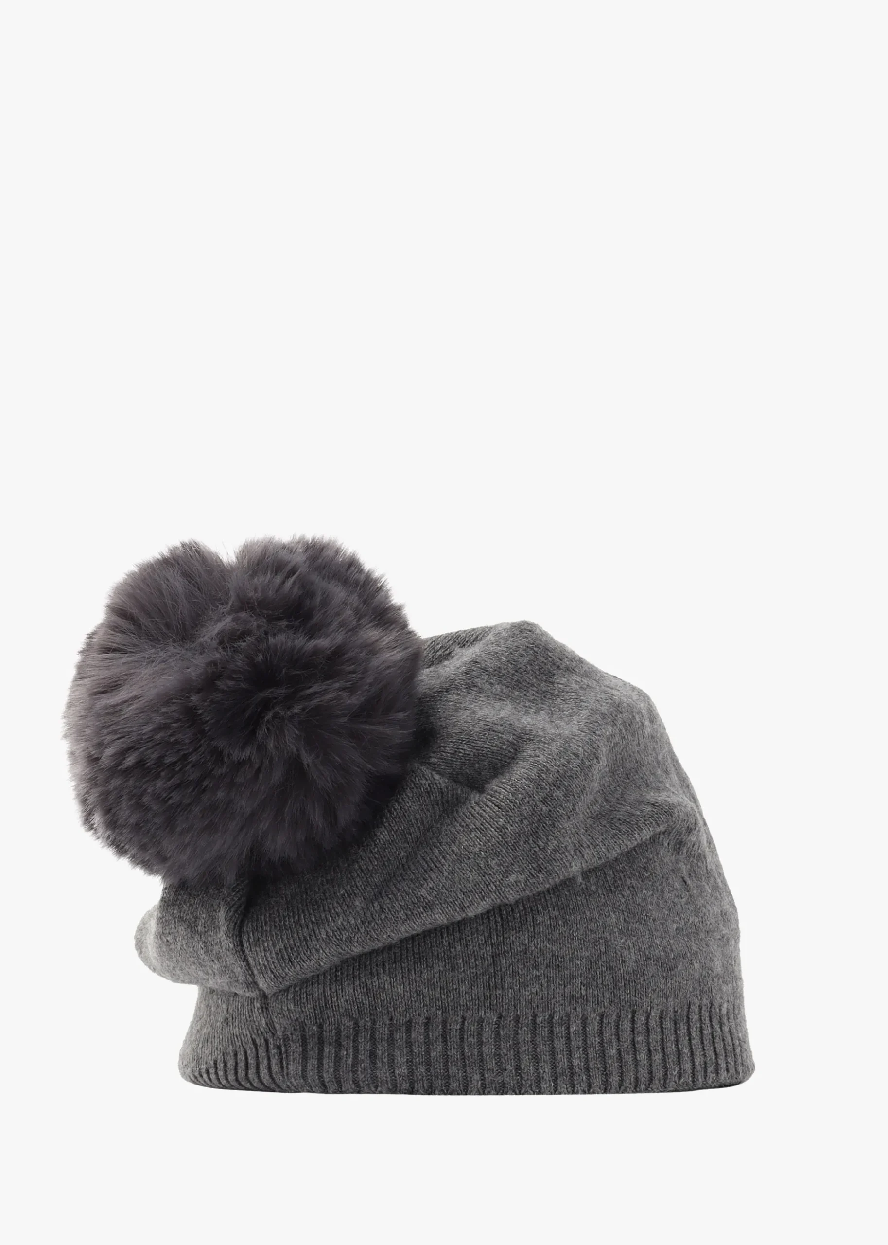 Grey Slouchy Knitted Pom Pom Hat