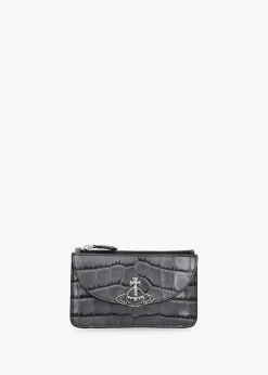 Half Moon Embossed Croc Anthracite Leather Card Holder