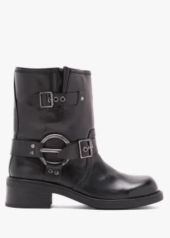 Ibike Black Leather Chunky Biker Boots