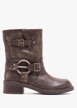 Ibike Brown Distressed Leather Chunky Biker Boots