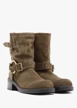 Ibike Khaki Suede Chunky Biker Boots