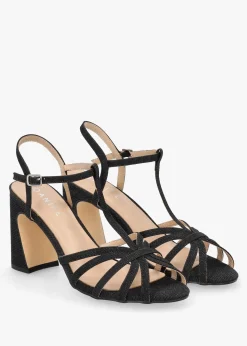 Iceline Black Metallic T Bar Block Heel Sandals