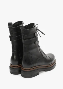 Idris Black Leather Ankle Strap Biker Boots