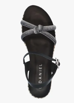 Iknot Diamante Knot Black Leather Low Wedge Sandals