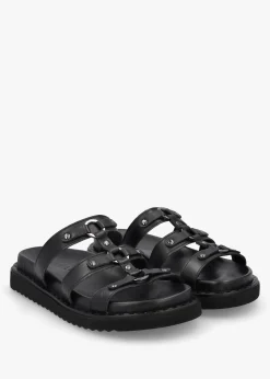 Ilene Black Leather Three Bar Chunky Mules