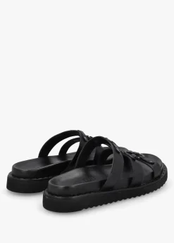 Ilene Black Leather Three Bar Chunky Mules