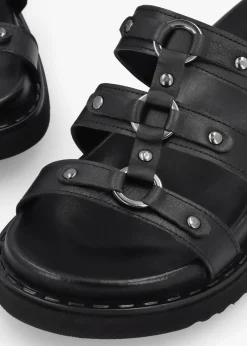 Ilene Black Leather Three Bar Chunky Mules