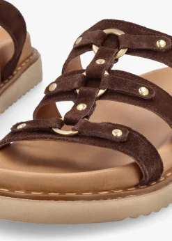 Ilene Brown Suede Three Bar Chunky Mules