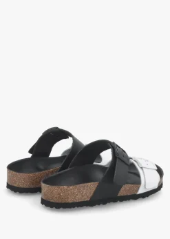 Imule Split Black & White Leather Two Bar Mules