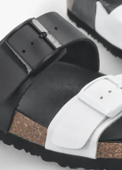 Imule Split Black & White Leather Two Bar Mules