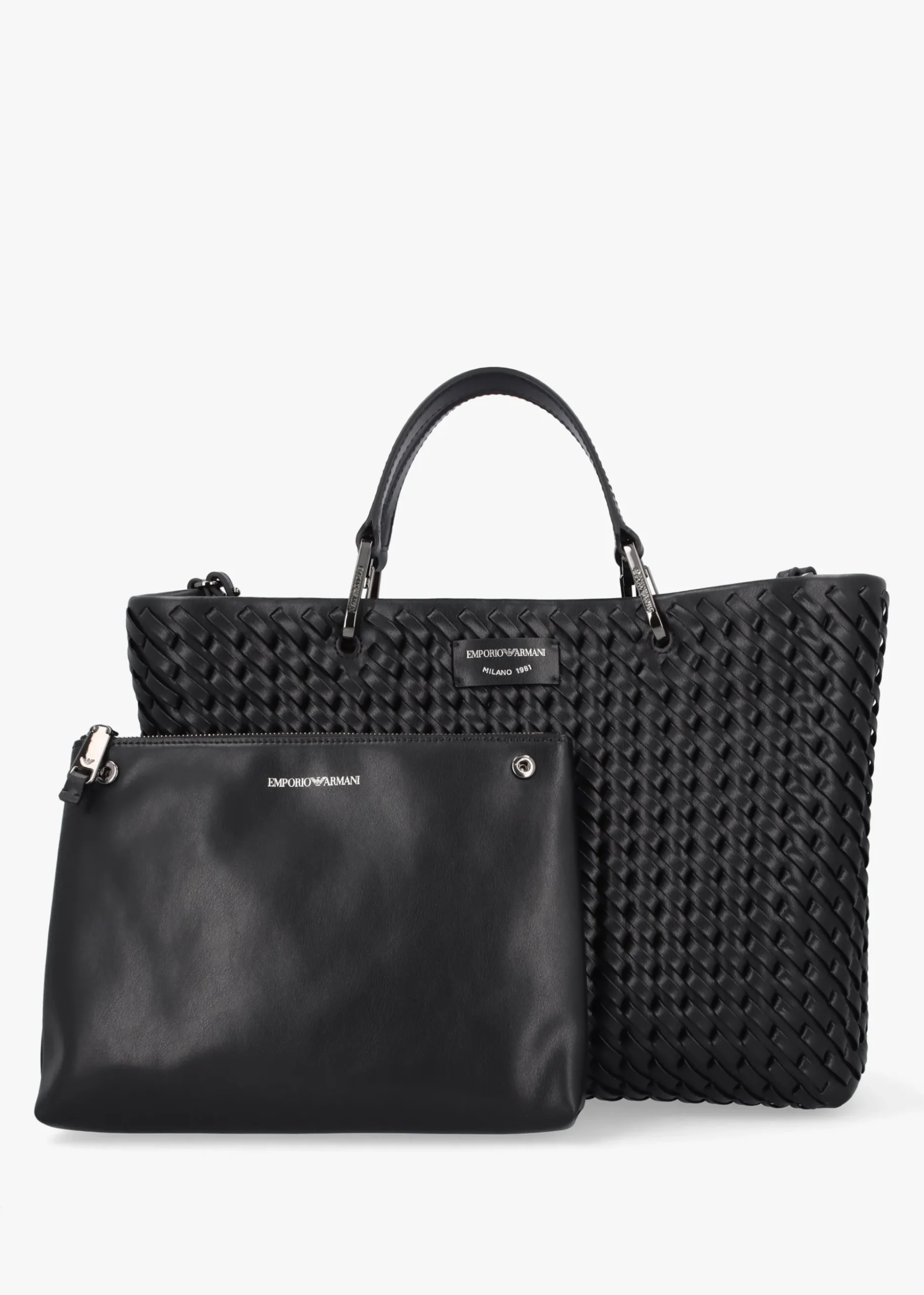 Interwoven Black Shopper Bag With Pouch
