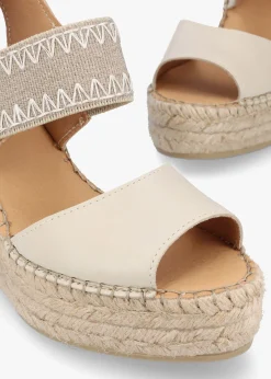 Istitch Cream Leather Wedge Espadrilles