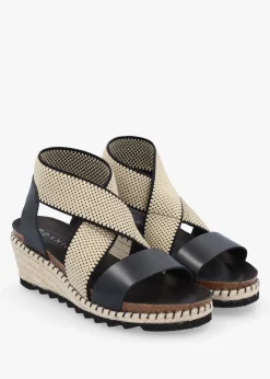 Iwedge Black Leather Elasticated Cross Strap Wedge Sandals