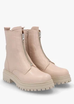 Izippe Cream Leather Front Zip Ankle Boots