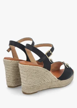 Jaffle Black Leather Snaffle Wedge Espadrilles