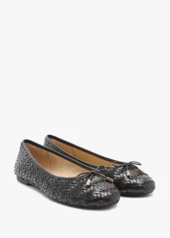 Jayna Black Leather Woven Ballet Pumps
