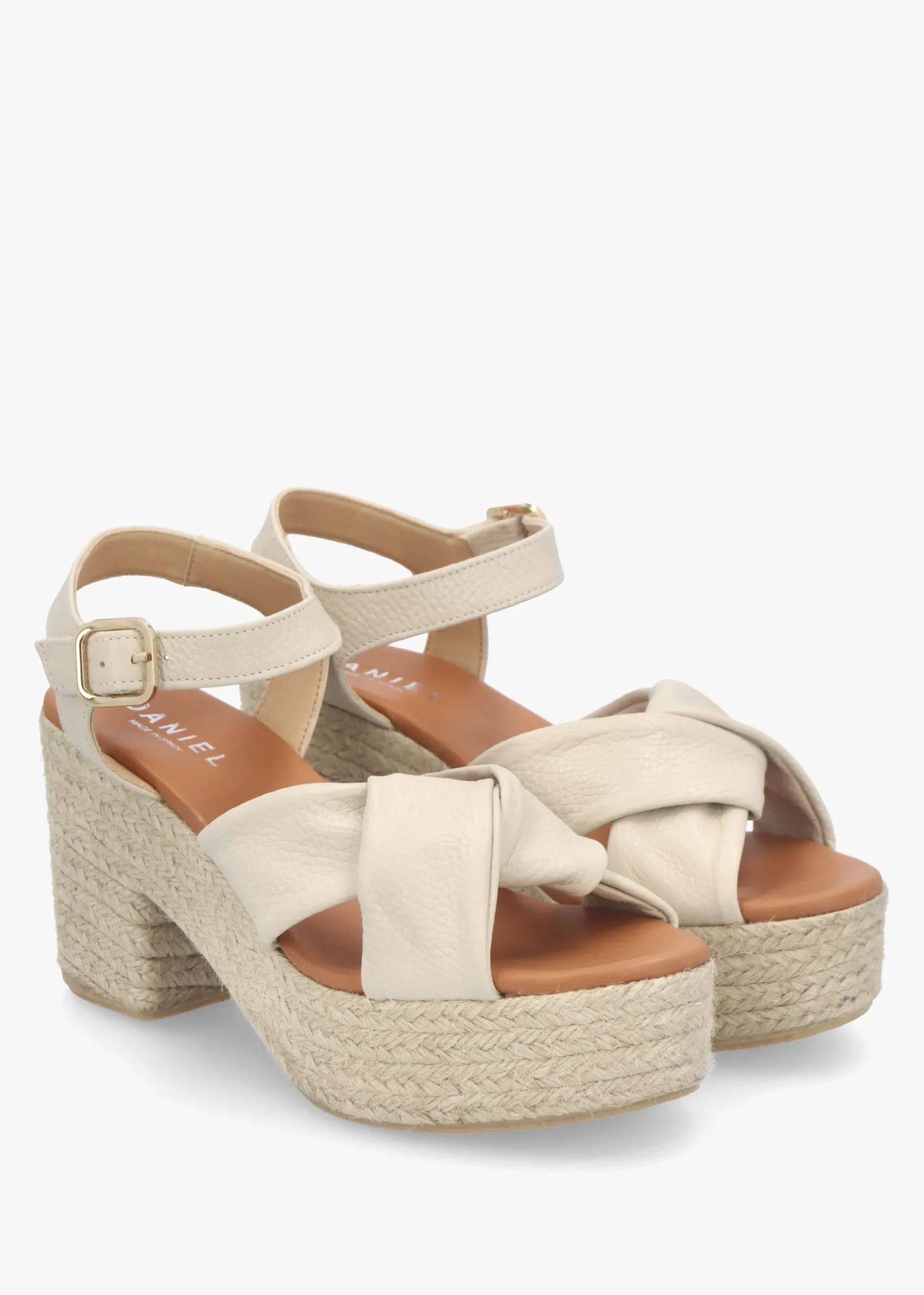 Jelly Cream Leather Cross Strap Jute Block Heel Sandals