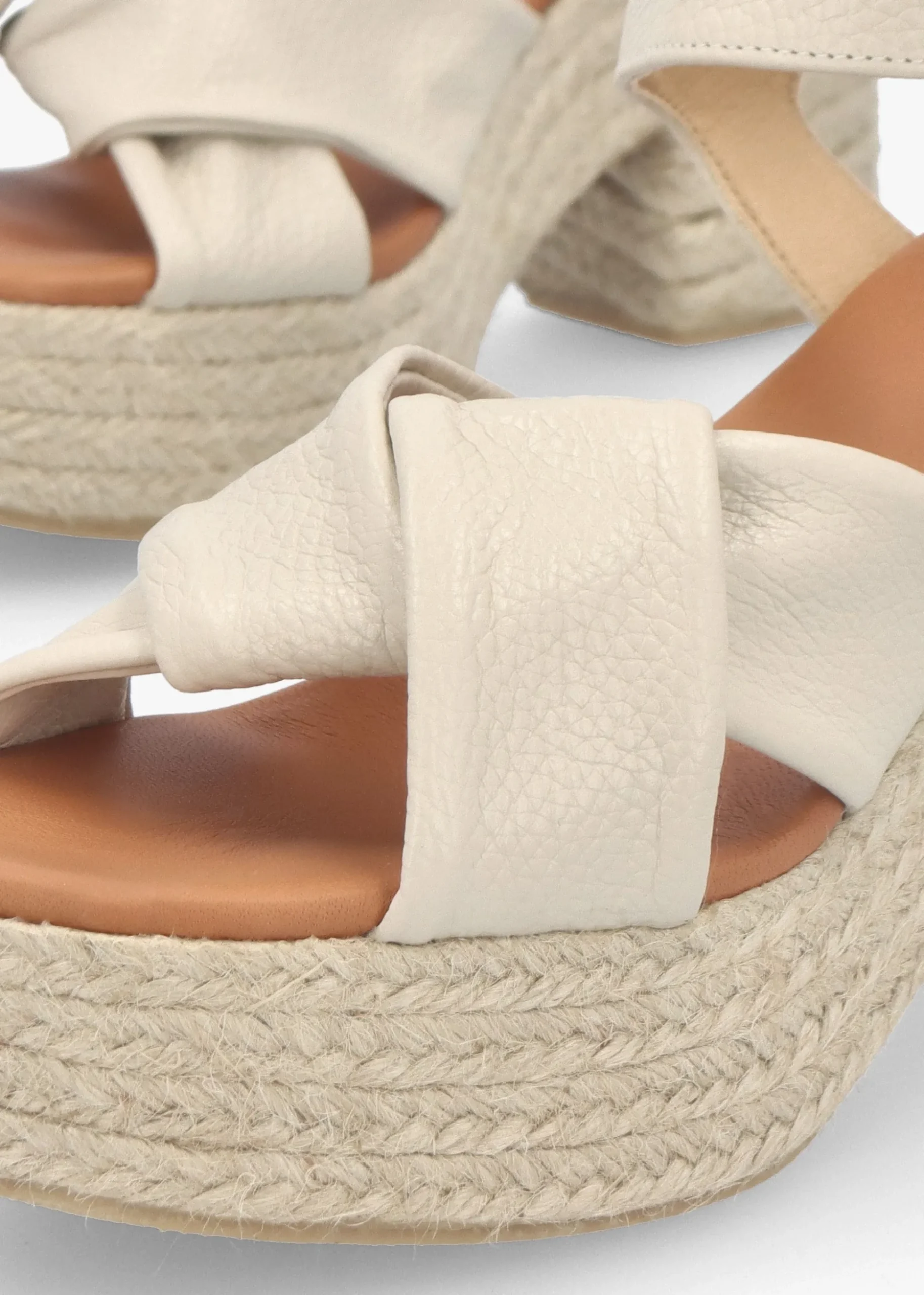 Jelly Cream Leather Cross Strap Jute Block Heel Sandals