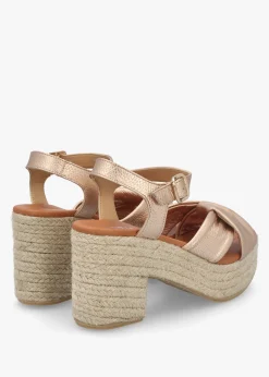Jelly Rose Gold Leather Cross Strap Jute Block Heel Sandals