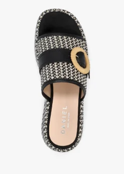 Jono Black Monogram Woven Raffia Flatform Mules