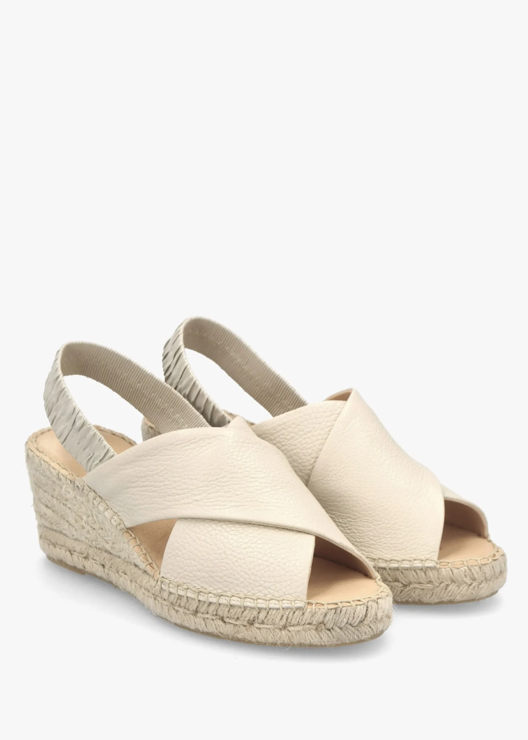 Jossy Cream Leather Cross Strap Sling Back Wedge Espadrilles