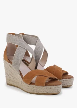 Kamp Tan Suede Elasticated Cross Strap Wedge Espadrilles