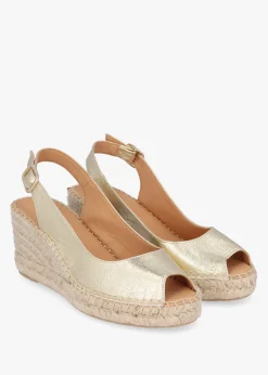 Kate Gold Leather Peep Toe Wedge Espadrilles