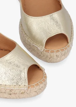 Kate Gold Leather Peep Toe Wedge Espadrilles