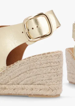 Kathie Gold Leather Peep Toe Sling Back Wedge Espadrilles