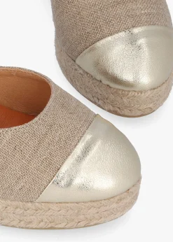 Kendall Beige Textile Gold Leather Toe Cap Wedge Espadrilles