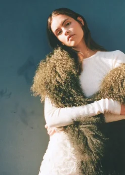 Khaki Ombre Shaggy Mongolian Lambswool Scarf
