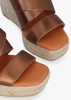 Khloe Bronze Cross Strap Wedge Espadrille Mules
