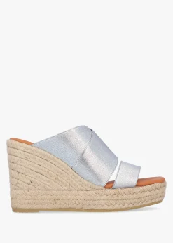 Khloe Silver Cross Strap Wedge Espadrille Mules
