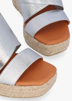 Khloe Silver Cross Strap Wedge Espadrille Mules