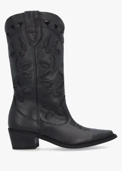 Kubra Cutout Black Leather Calf Height Cowboy Boots