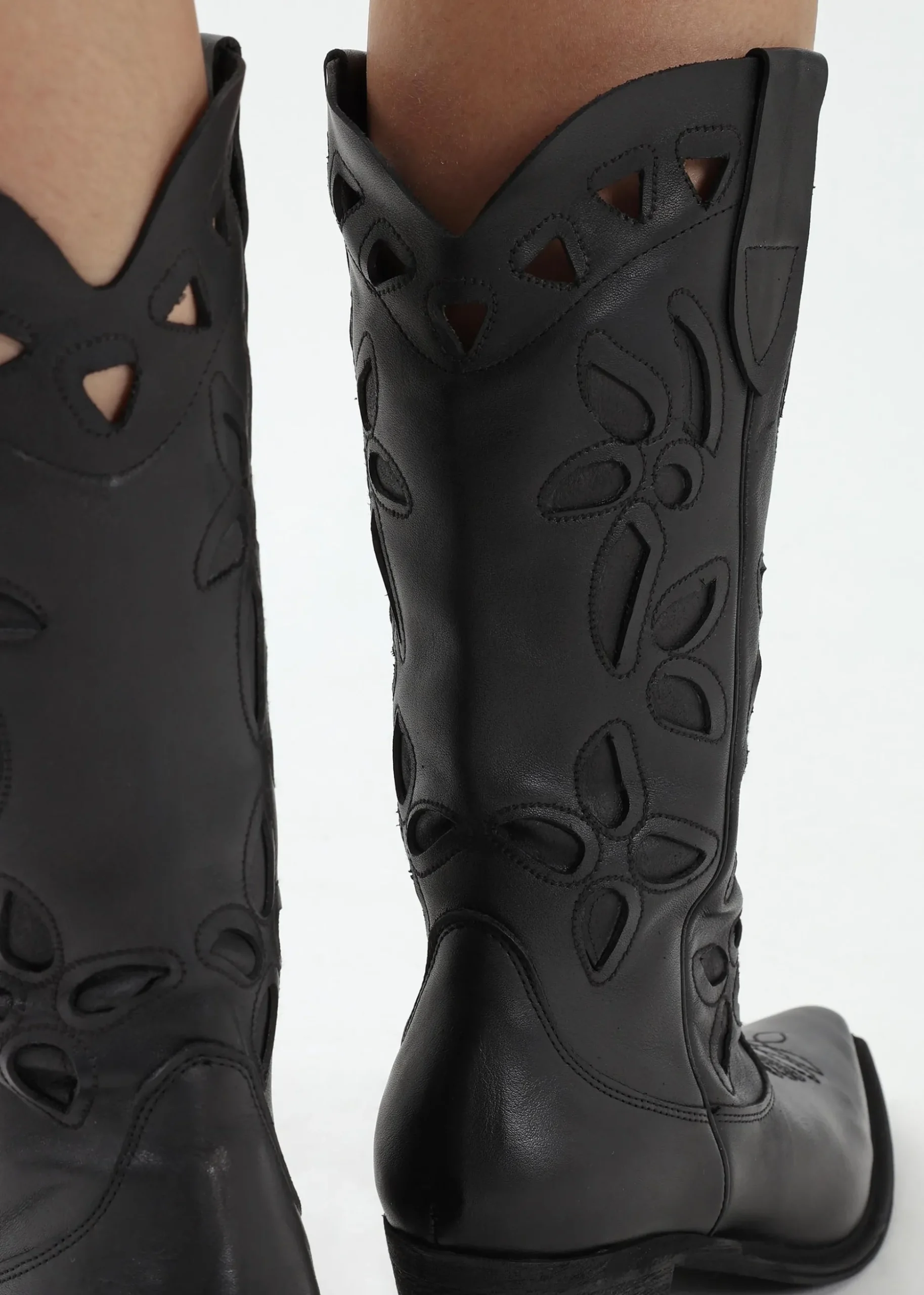 Kubra Cutout Black Leather Calf Height Cowboy Boots