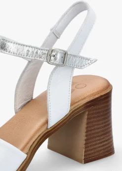 Lanie White & Silver Leather Block Heel Sandals