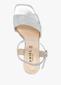 Lare Silver Leather Asymmetric Block Heel Sandals